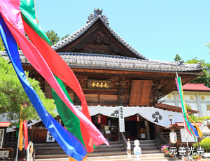 元善光寺は善光寺を開いた本田善光は、廃仏崇仏論争の中、難波の堀江に討ち棄てられていた御本尊を、 信州善光寺に祭る以前に、まずこの地に連れ帰ったといわれています。 その際、御本尊を木の臼の上にお祭りし、この場所に建てられたのが元善光寺です。 